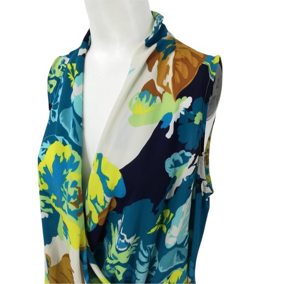 Cabi Spring Blossom Faux Wrap Blouse Size M Draped Sleeveless V-Neck Blue - Picture 7 of 12
